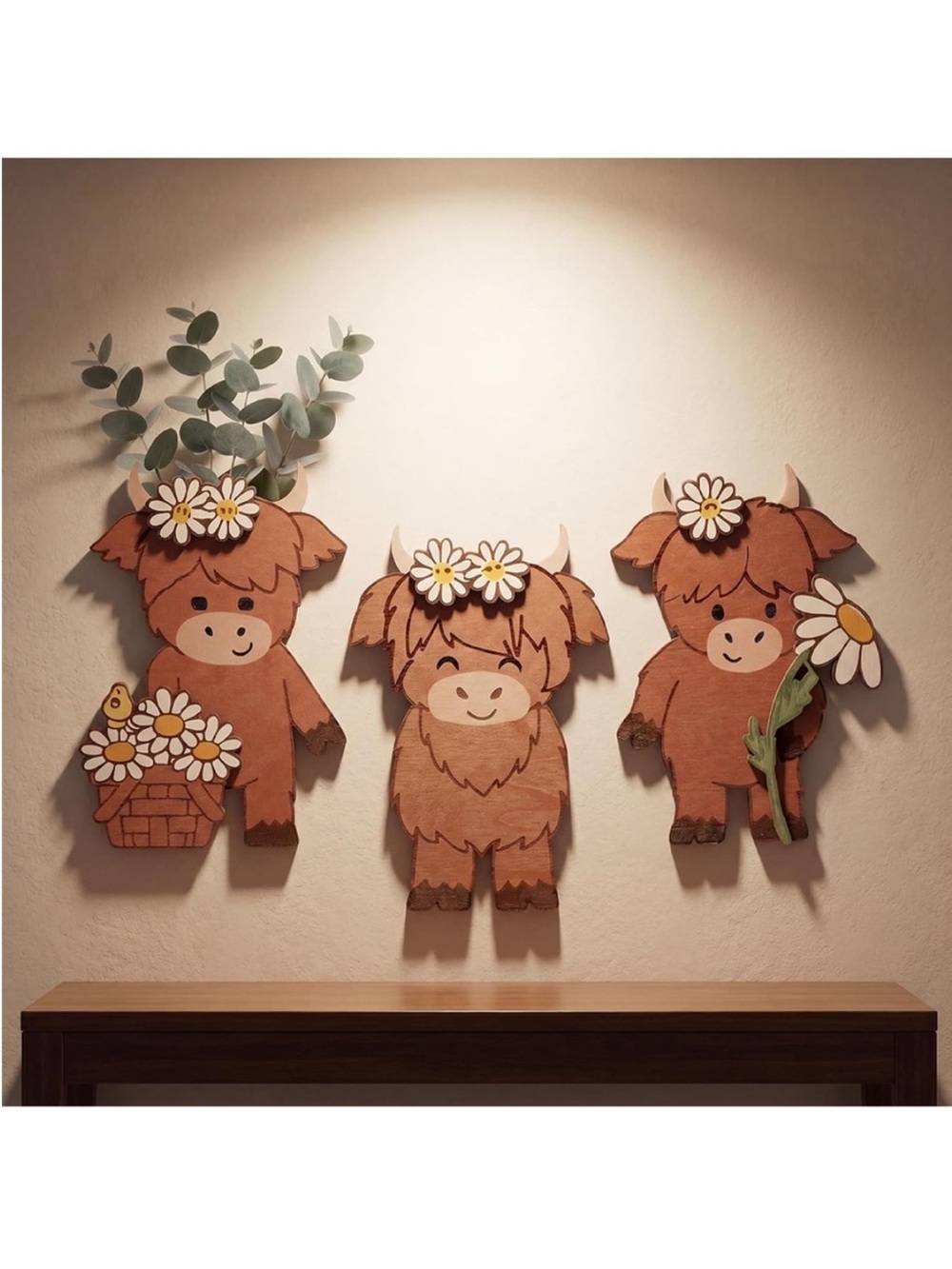 Wooden Highland Cow Wall Decor Trio